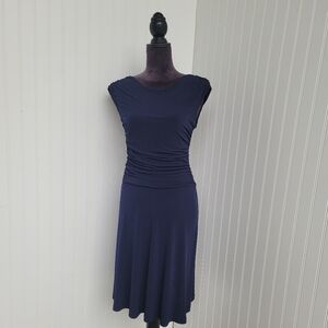 En Focus Studio Womens Stretch Dress Sz 6 Navy Blue Stretch Round Neck Ruched